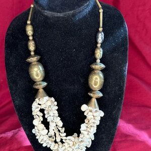 Unique Vintage Retro Ethnic Goldtone/Brass and Cream Beaded Necklace!